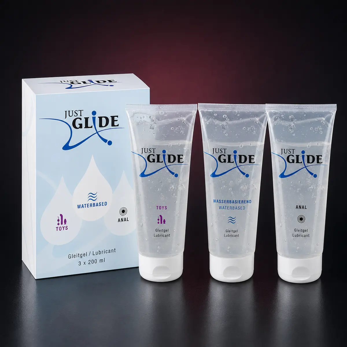 Pack Just Glide de tres lubricantes de 200 ml.